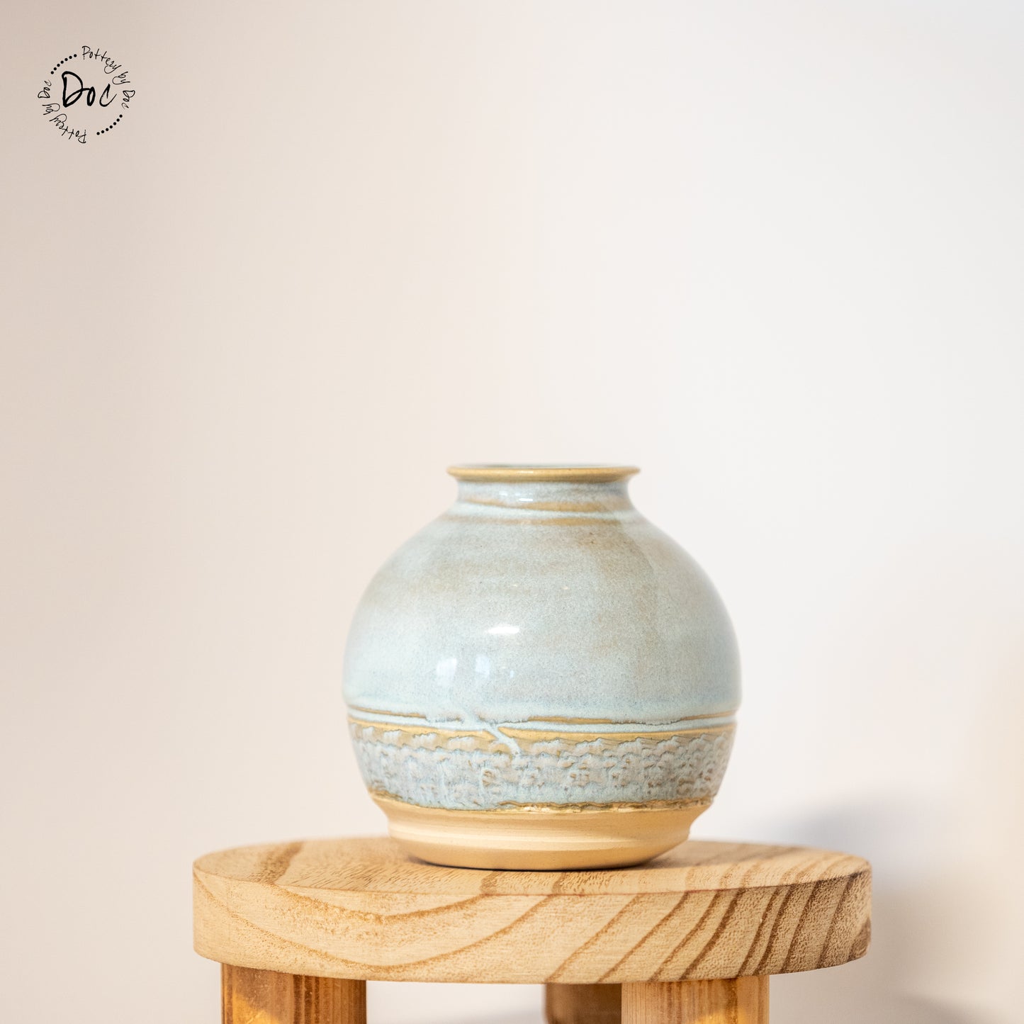 Blueish-gray small moon jar vase in buff clay, handmade, wheel thrown, functional