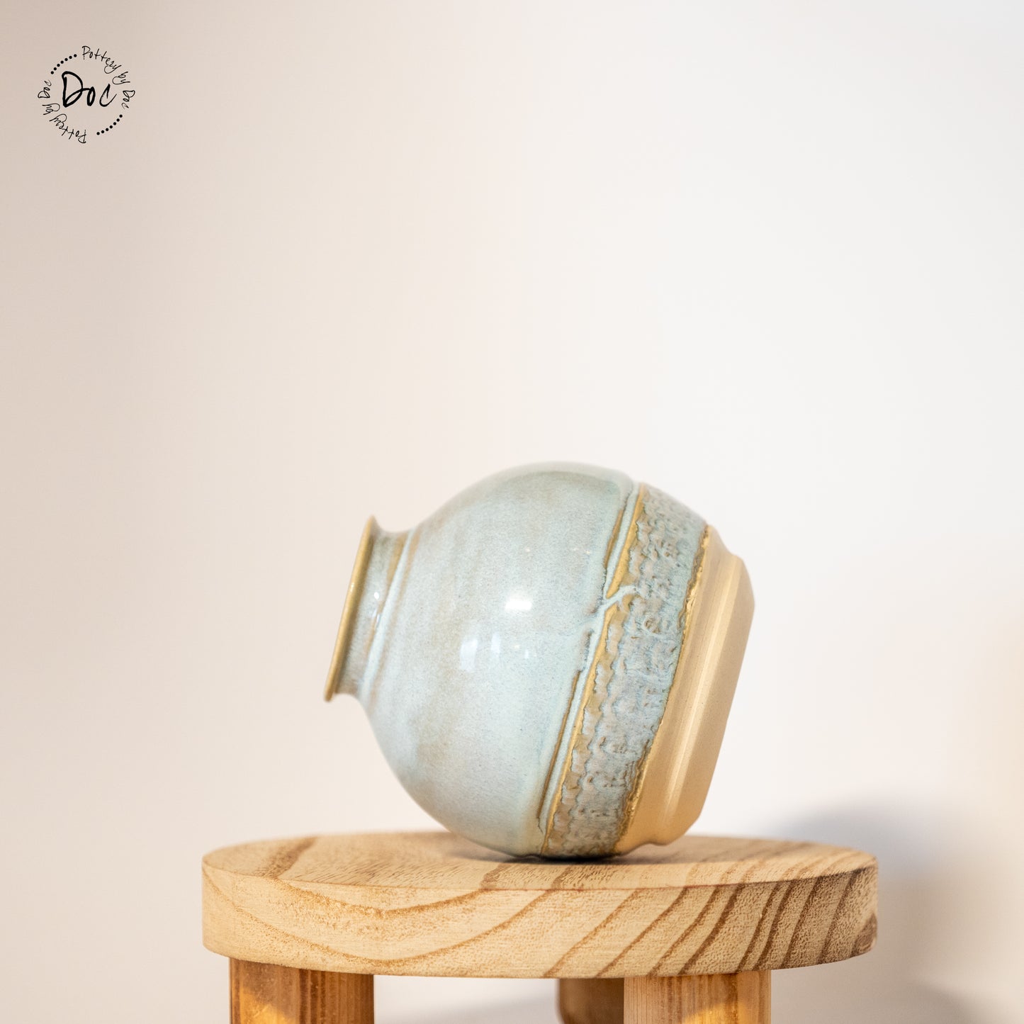 Blueish-gray small moon jar vase in buff clay, handmade, wheel thrown, functional