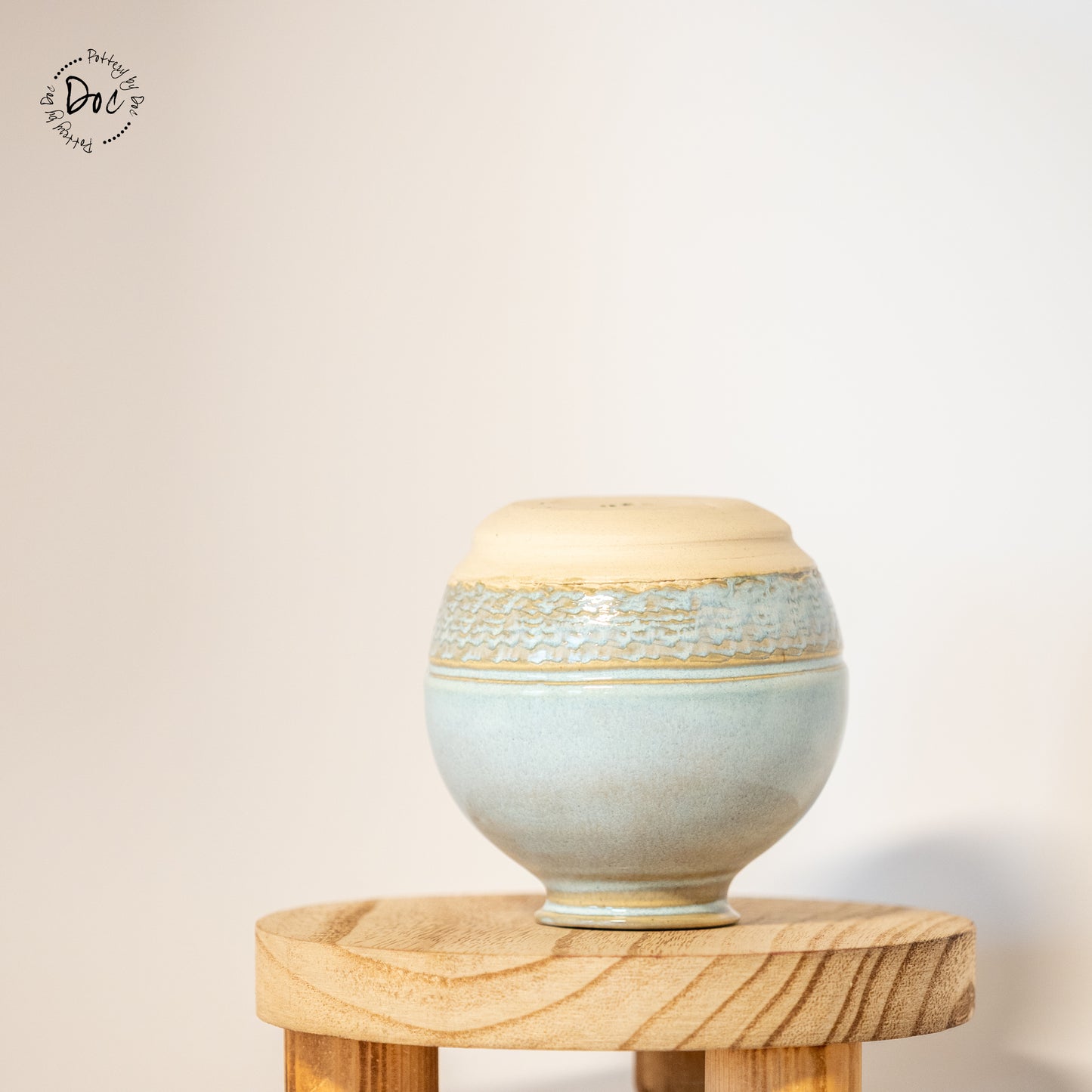 Blueish-gray small moon jar vase in buff clay, handmade, wheel thrown, functional